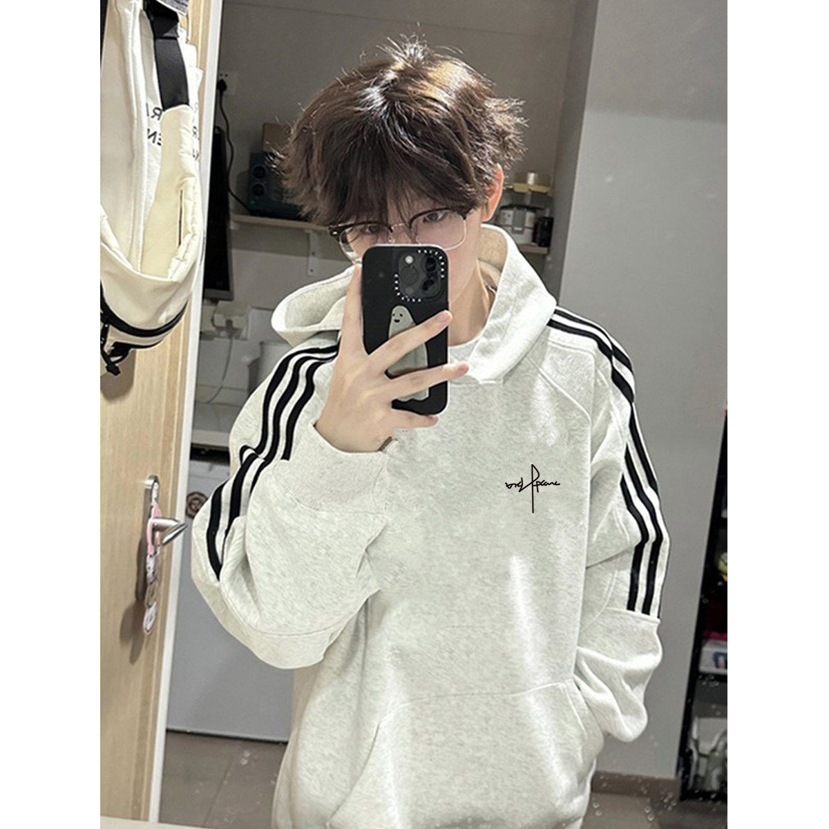 重磅纯棉三条杠连帽卫衣男秋冬