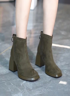 高跟短靴女秋季新款方头厚底时装女靴防水台后拉链百搭粗跟马丁靴