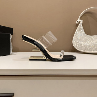 气质异型跟凉拖鞋 透明拖鞋 一字带黑色性感高跟鞋 新款 女2026年夏季