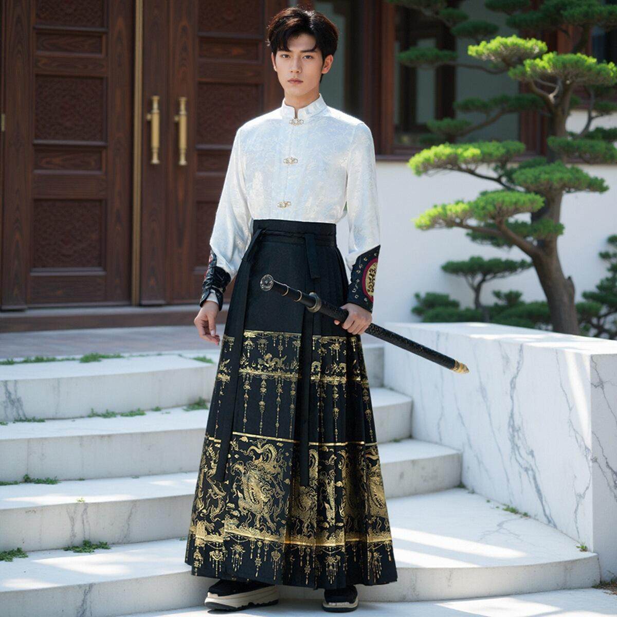 2025龙纹织金马面裙新中式立领上衣男装新款大码汉服学生班服战袍