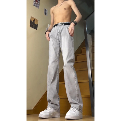 烟灰色皮带款牛仔裤男潮流2025新款夏季薄款裤子高个子加长直筒裤