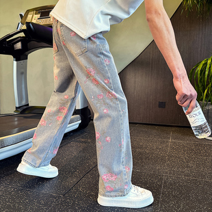 男款 休闲裤 高级感印花直筒裤 2025新款 子 痞帅宽松阔腿裤 浅色牛仔裤