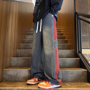 三条杠拼接牛仔裤男款秋季美式复古高街vibe直筒宽松工装休闲长裤