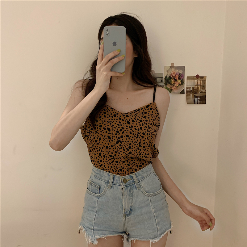 Real shot real price summer new Korean retro leopard print small sling versatile thin vest top