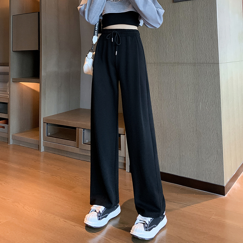 黑色直筒裤女春秋冬季加绒加厚垂感阔腿裤女高腰休闲宽松运动裤子