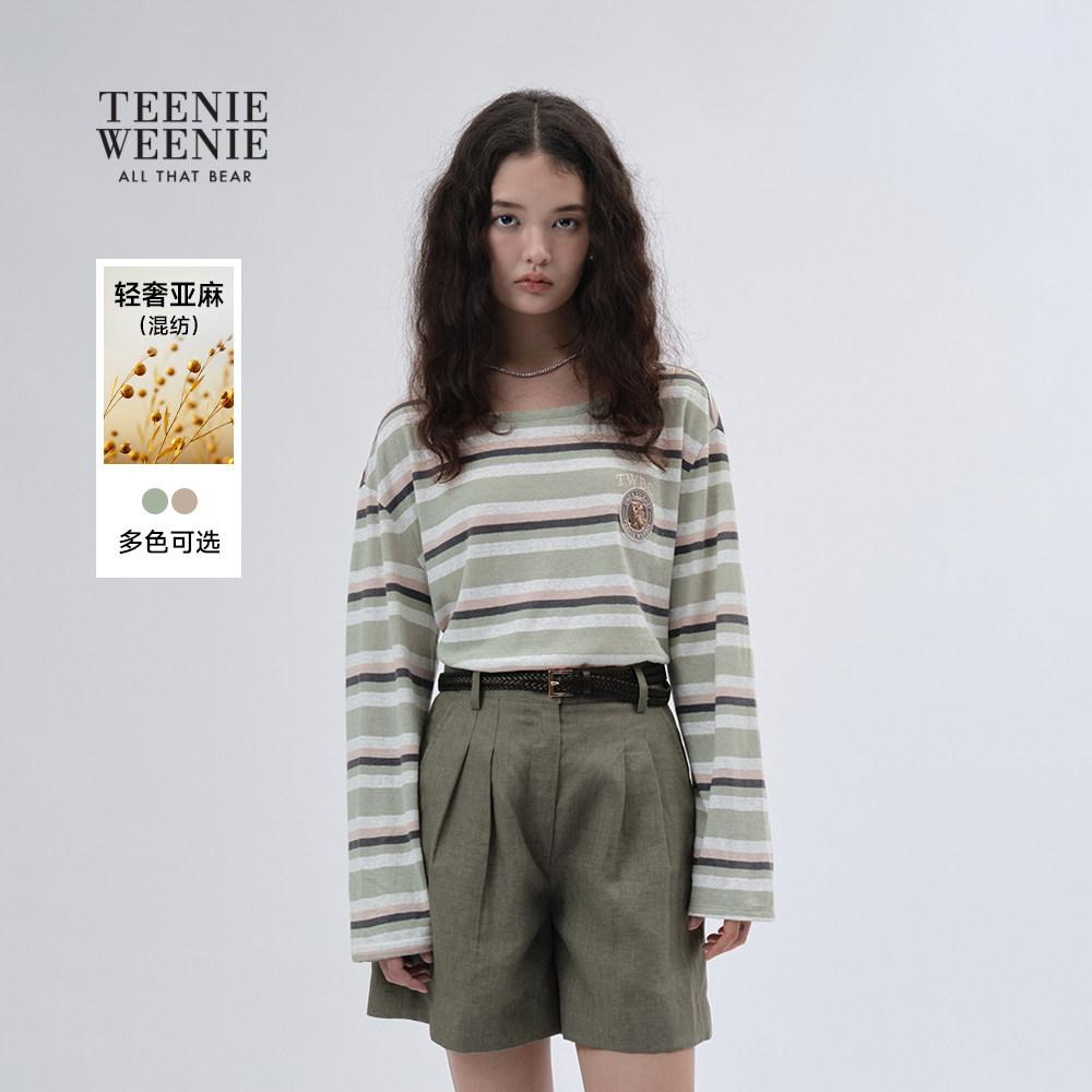 【含亚麻】TeenieWeenie小熊女装2025秋季新款长袖条