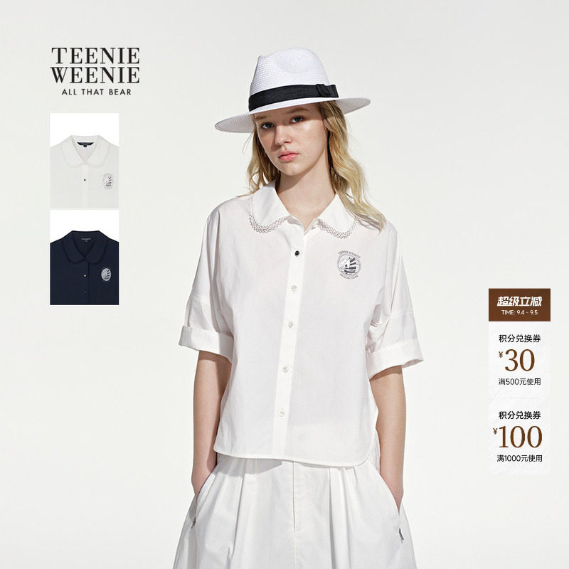 TeenieWeenie小熊女装26夏季新款时尚俏皮娃娃领蕾丝泡泡袖衬衫