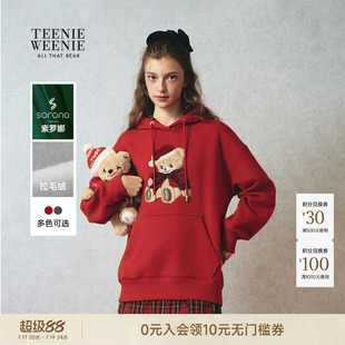 TEENIEWEENIE bearnova小熊女装学院风圣诞红色连帽套头加绒卫衣