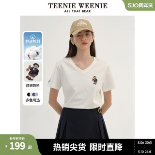 TeenieWeenie小熊2024年棉质V领白色短袖T恤ins风短款宽松上衣女