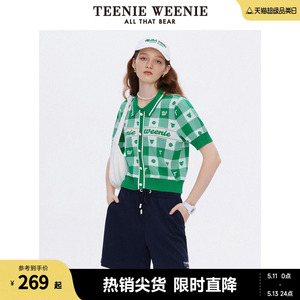 TeenieWeenie小熊夏季清新格纹翻领套头短袖毛衣针织衫女