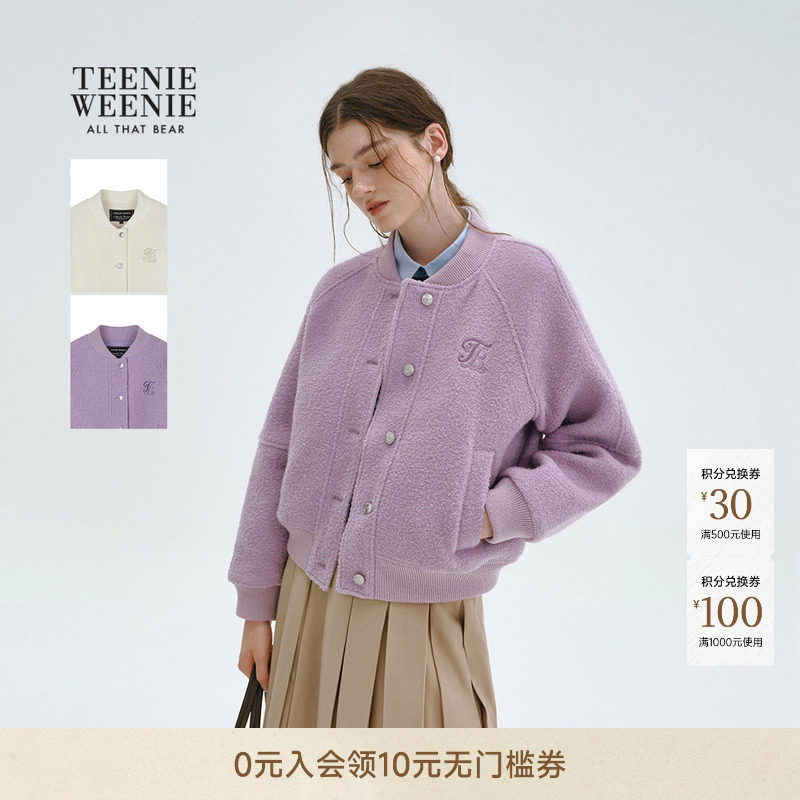 TeenieWeenie小熊女装毛呢大衣冬季舒适宽松休闲时髦棒球款外套