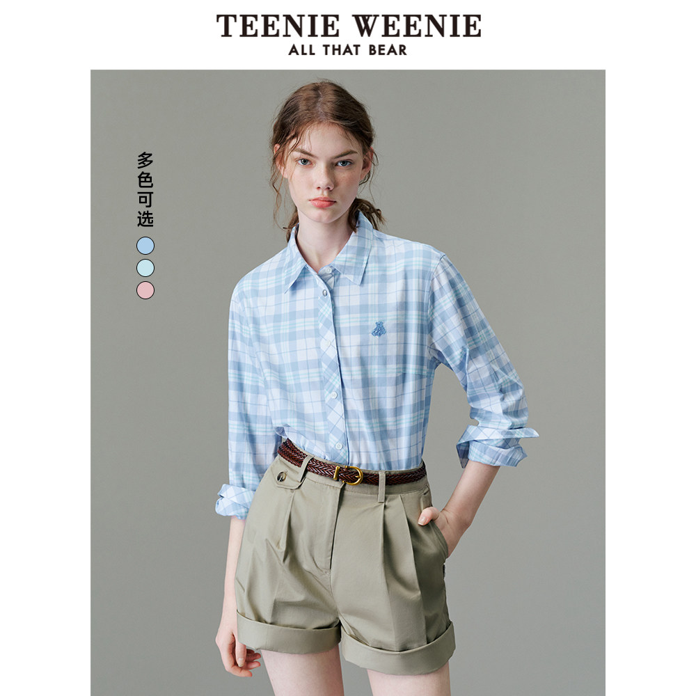 TeenieWeenie小熊女装春秋时尚休闲通勤舒适清新刺绣格纹长袖衬衫
