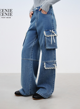 TEENIEWEENIE bearnova2025秋季新款女装蕾丝花边拼接工装牛仔裤