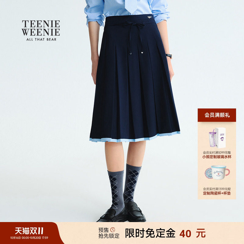 【双11预售】TeenieWeenie小熊女装气质学院风中长款半身裙百褶裙