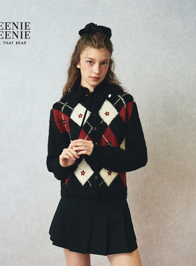 TEENIEWEENIE bearnova25冬新款女装手工绣花菱形格圆领针织开衫