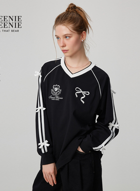 TEENIEWEENIE bearnova25年秋季新款学院风宽松蝴蝶结长袖V领T恤