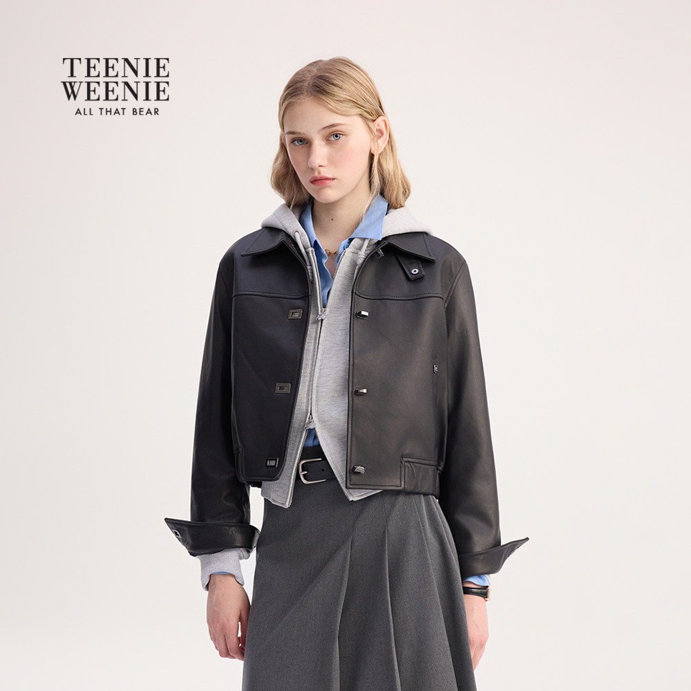TeenieWeenie小熊女装皮衣2025秋季新款简约气质时髦短款翻领外套,女装/女士精品,皮衣,淘宝优惠券,粉丝福利购,淘宝优惠卷
