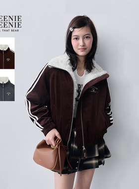 TEENIEWEENIE bearnova2025冬季新款女撞色仿羊羔毛领运动风棉服