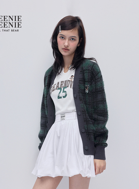 TEENIEWEENIE bearnova2025冬季新款女装时髦复古格纹V领针织开衫