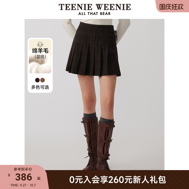 TeenieWeenie小熊女装秋季学院休闲通勤百褶半身时髦格纹毛呢短裙