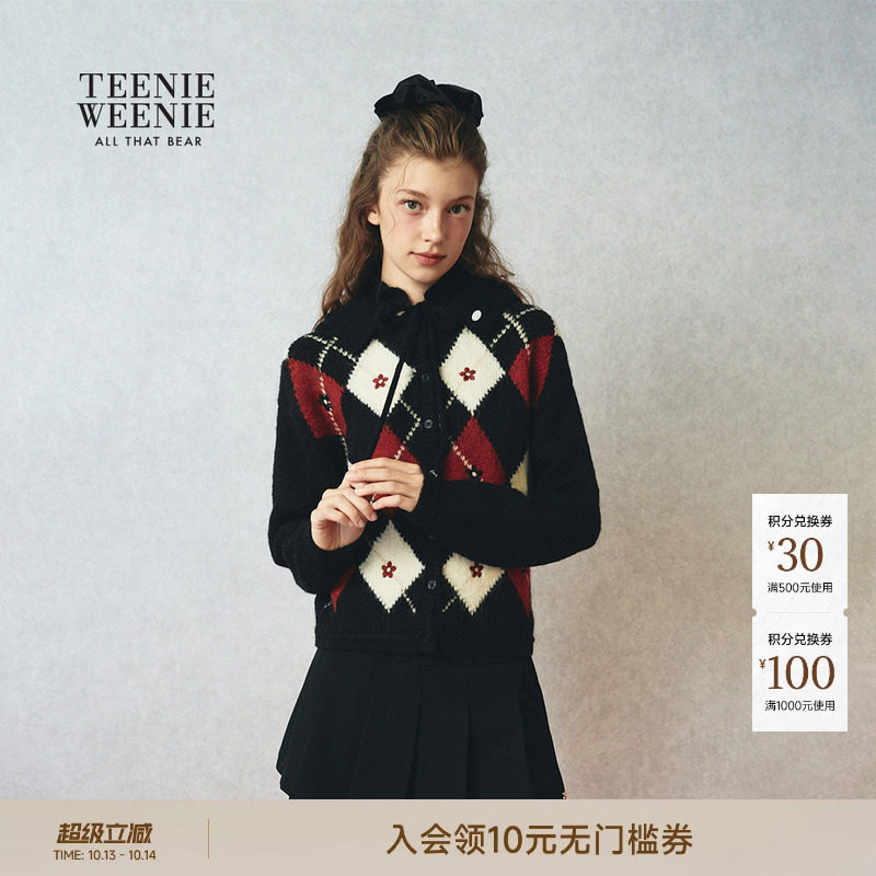 TEENIEWEENIE bearnova26春新款女装手工绣花菱形格圆领针织开衫