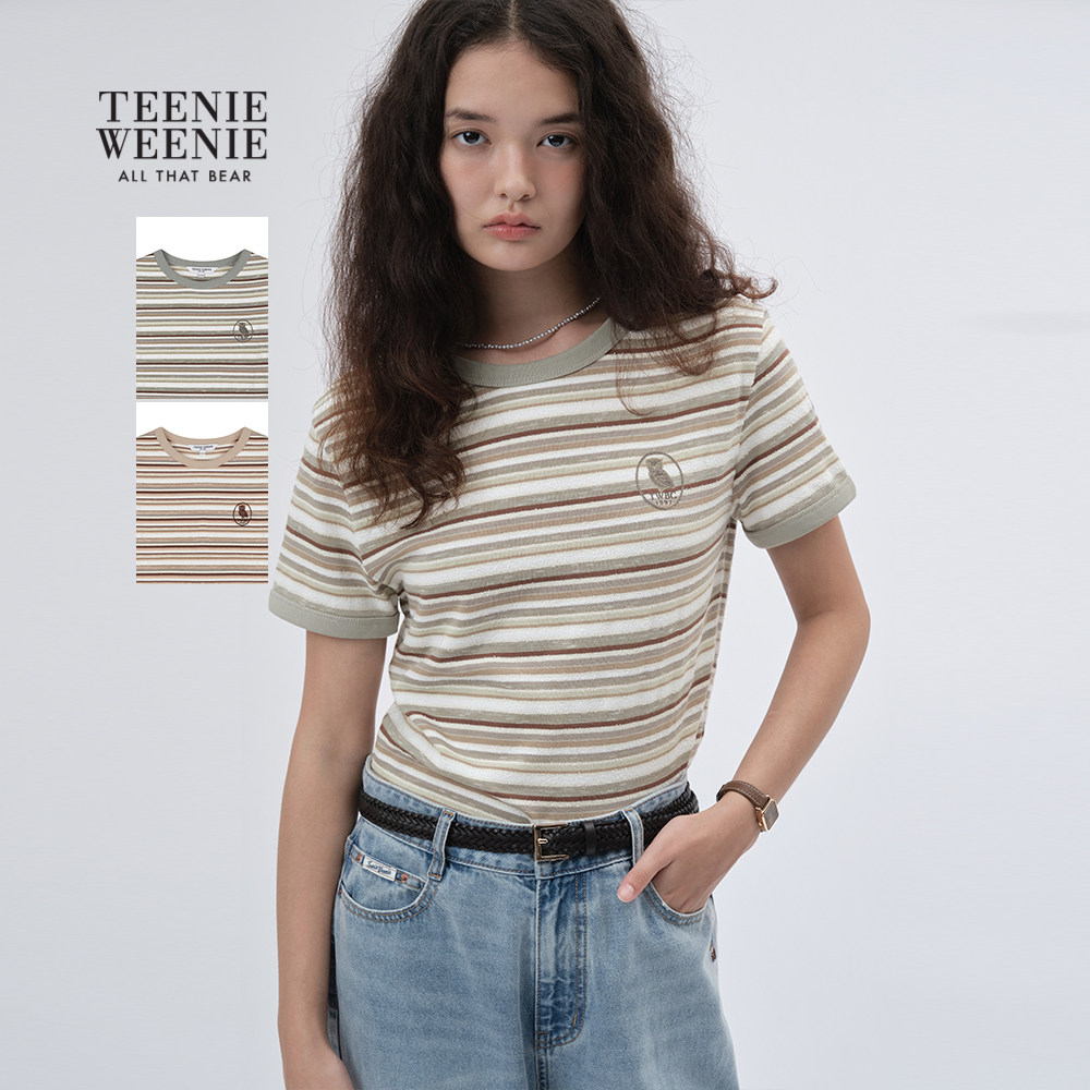 TeenieWeenie小熊女装2025秋季新款流行圆领条纹短款