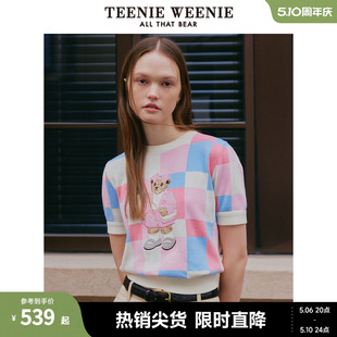 TeenieWeenie小熊女装 新款 2024春装 多巴胺彩色格纹圆领短袖 针织衫