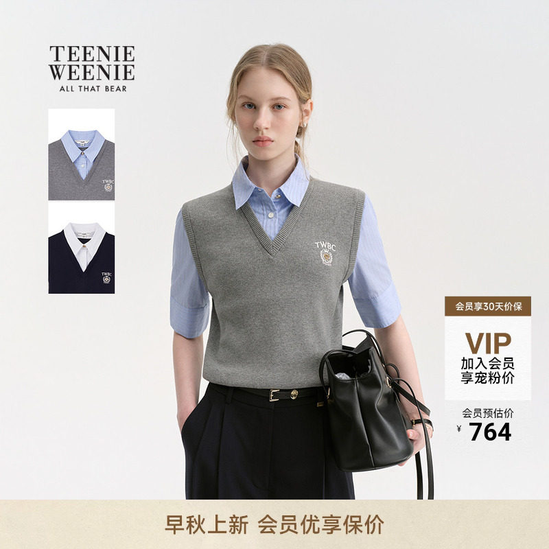 TeenieWeenie小熊女装毛针织衫26秋季新款假两件衬衫短袖毛衣背心