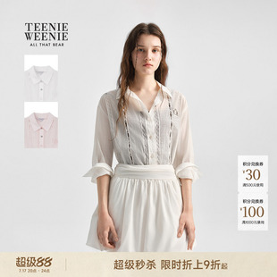 TeenieWeenie小熊女装衬衫26秋季新款时尚宽松蕾丝点缀翻领衬衣