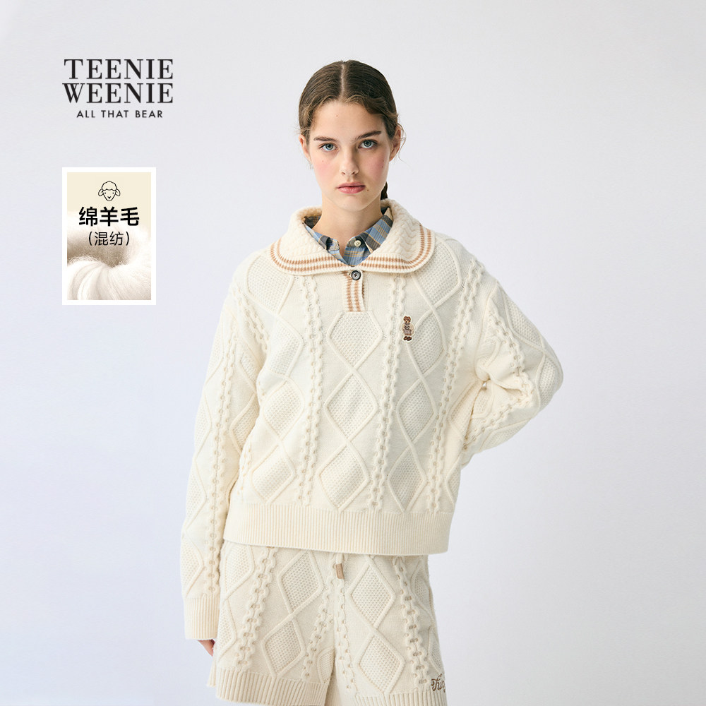 TeenieWeenie小熊女装秋冬时尚花纹刺绣绵羊毛翻领套头毛