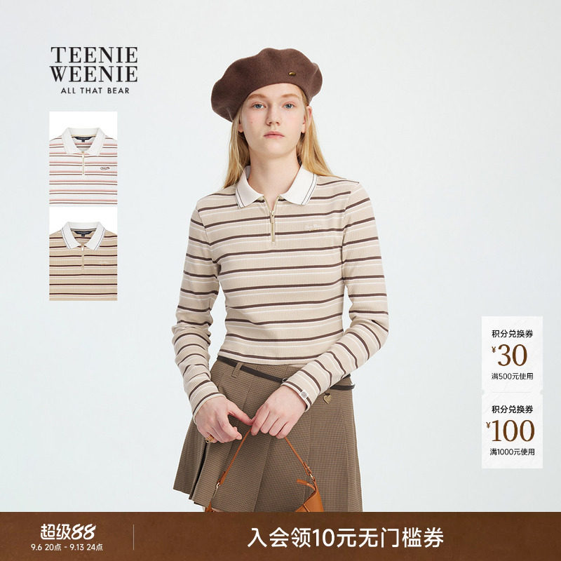 TeenieWeenie小熊女装春秋季时髦宽松条纹半拉链翻领长袖短款T恤