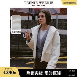 TeenieWeenie小熊秋冬绵羊毛混纺短款连帽毛呢大衣外套女