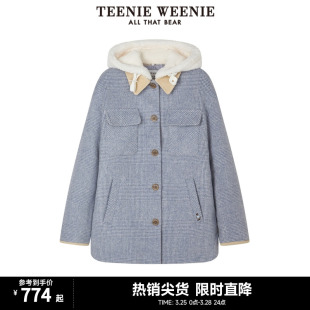 TeenieWeenie小熊冬季 连帽绵羊毛混纺撞色毛呢大衣呢子外套女软糯