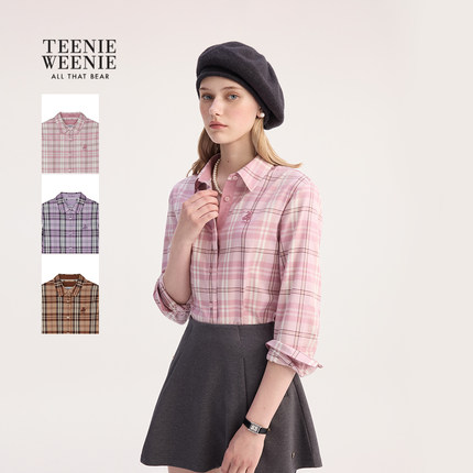 TeenieWeenie小熊女装衬衫2025年秋季新款知识分子风格纹翻领衬衫