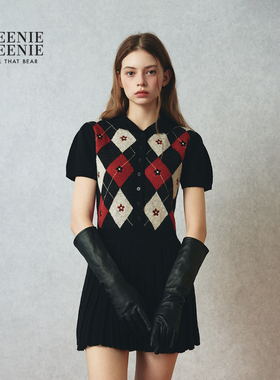TEENIEWEENIE bearnova25冬季新款女装手工绣花菱形格翻领连衣裙