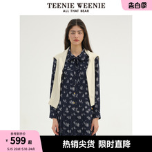 TeenieWeenie小熊2024年柔软雪纺百褶满印衬衫连衣裙气质长裙宽松