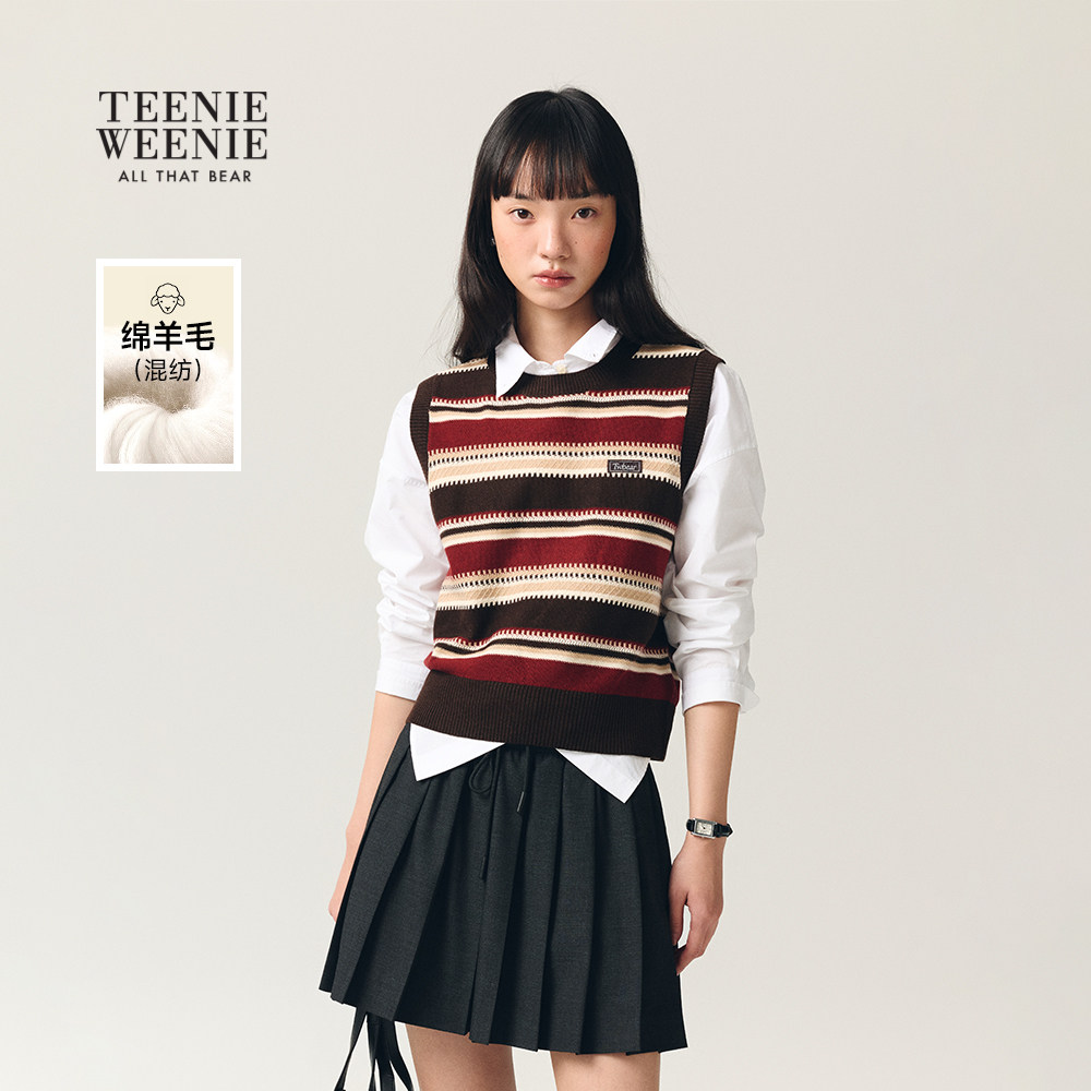 TeenieWeenie小熊女装毛针织衫26春新款肌理感不规则条纹圆领背心