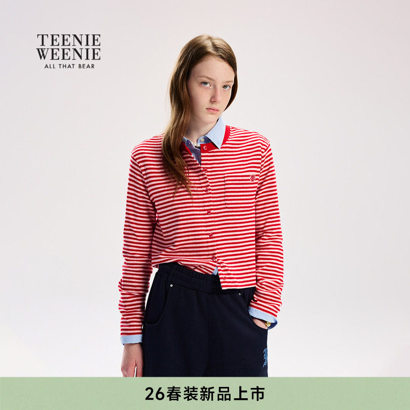 TeenieWeenie小熊女装T恤26春新款休闲活力红白条纹长