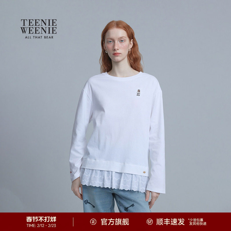 TeenieWeenie小熊女长袖T恤秋冬休闲宽松舒适底端蕾丝打