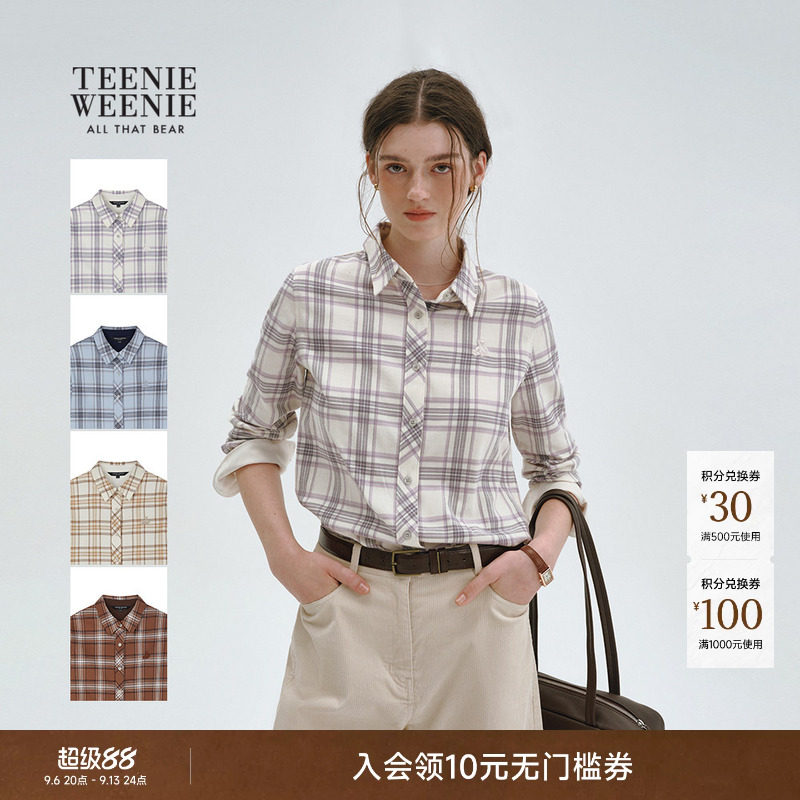 TeenieWeenie小熊女装衬衫春季复古格纹时髦刺绣长袖衬衣通勤上衣