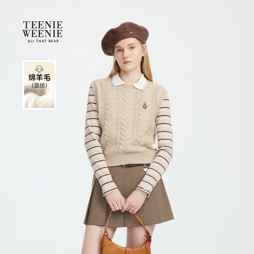 【含绵羊毛】TeenieWeenie小熊女装毛衣秋冬季高智感绞花