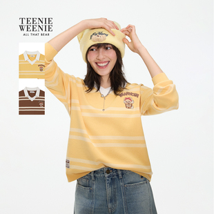 TEENIEWEENIE bearnova26年春季新款女装时髦撞色V字翻领条纹毛衫