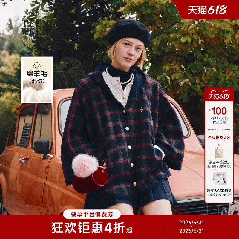 TeenieWeenie小熊女装毛针织衫冬季新款复古格纹斗篷式连帽开衫