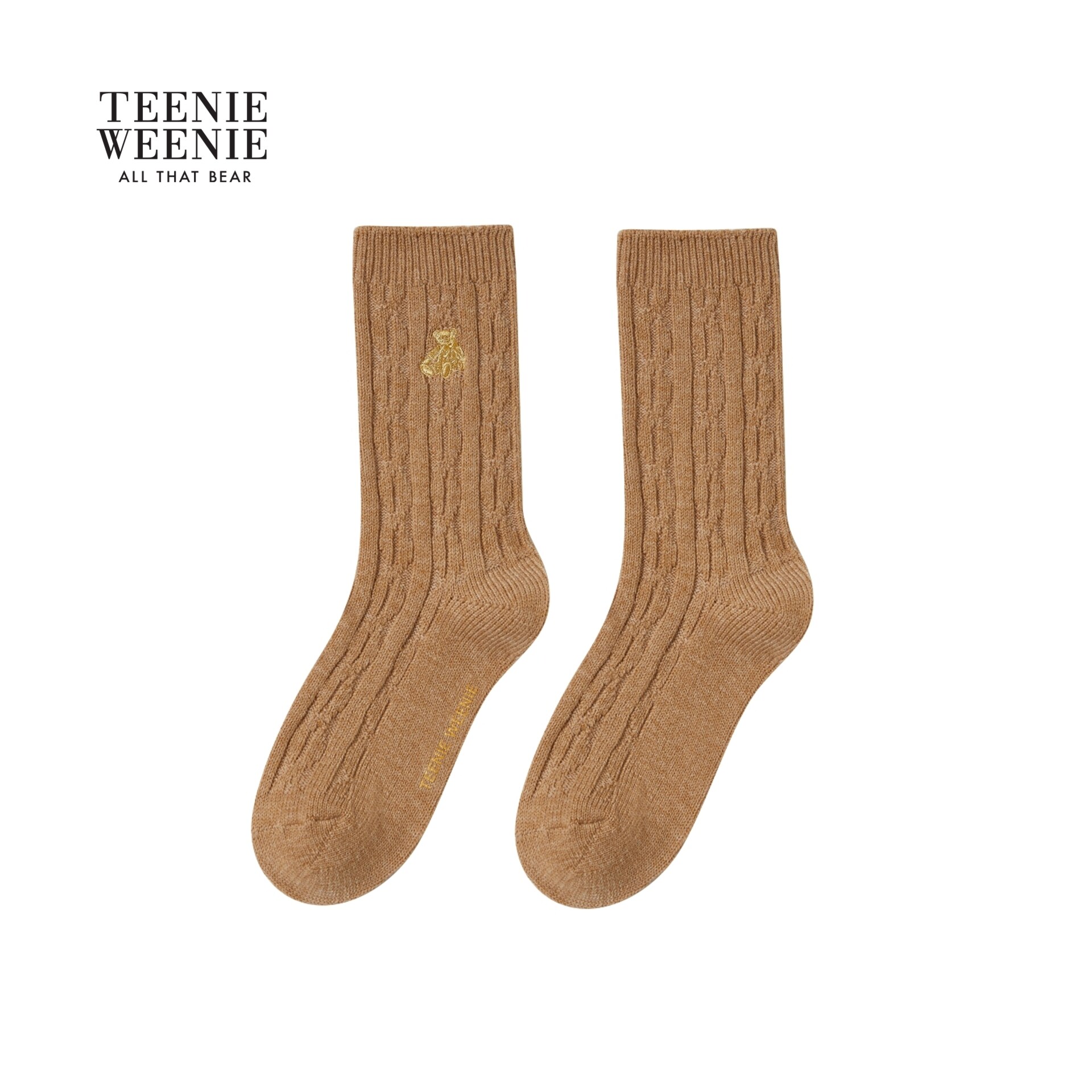 TeenieWeenie小熊女袜子2026秋冬新款柔软舒适羊毛混纺绞花中筒袜