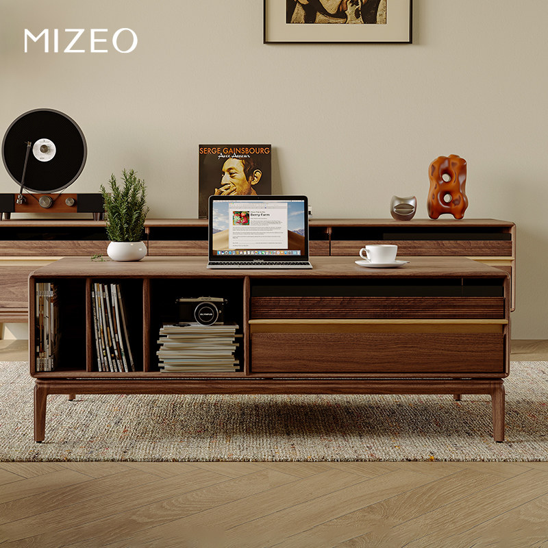 MIZEO 米卓/北美黑胡桃木中古风茶几电视柜组合简约实木客厅茶几