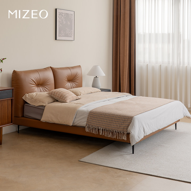 MIZEO米卓/中古风真皮复古悬浮床简约主卧室轻奢头层牛皮双人床