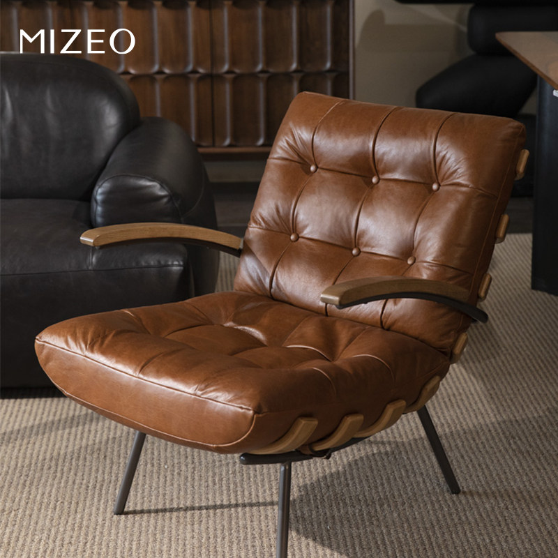 MIZEO 米卓/中古风客厅单人休闲复古真皮沙发椅卧室懒人椅极简
