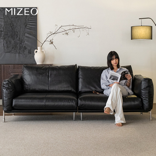 MIZEO 米卓/中古沙发复古风包豪斯三人沙发全青真皮黑色哈默沙发