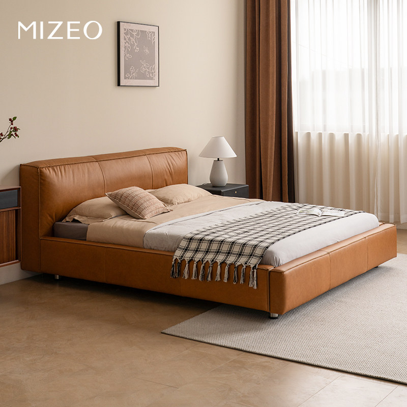 MIZEO米卓/中古风真皮复古悬浮床简约主卧室轻奢头层油蜡皮双人床