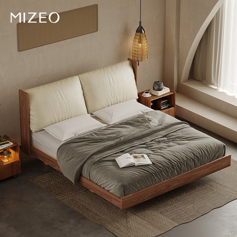 MIZEO米卓/中古风真皮复古悬浮床简约主卧室轻奢头层牛皮双人床